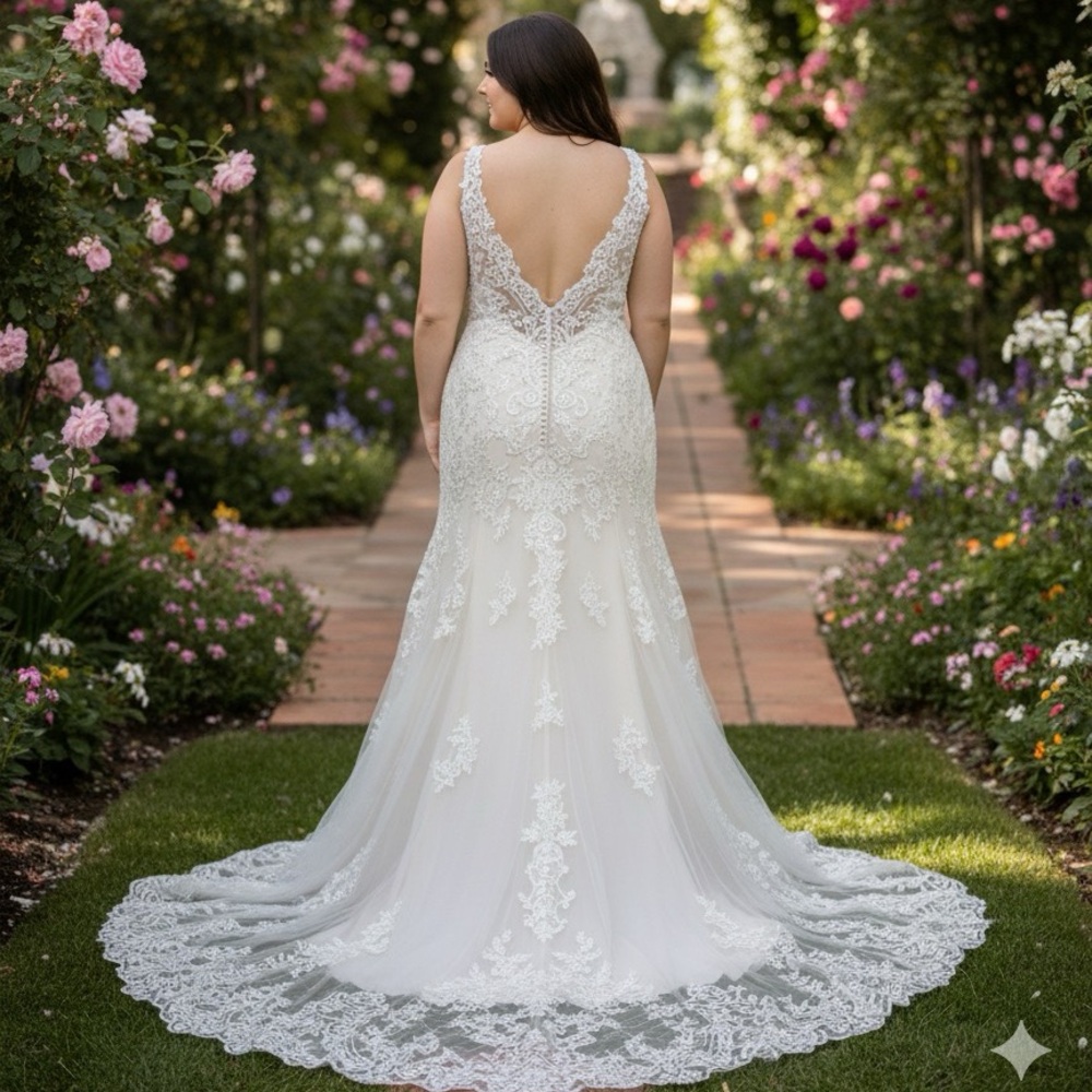 Lace V-Neck Fit & Flare Wedding Dress - Ivory - Picture 2 of 8